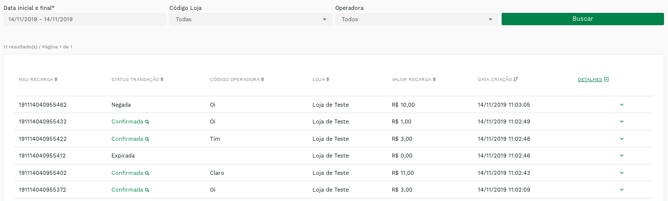 &quot;Listagem das recargas.&quot; -no-filter